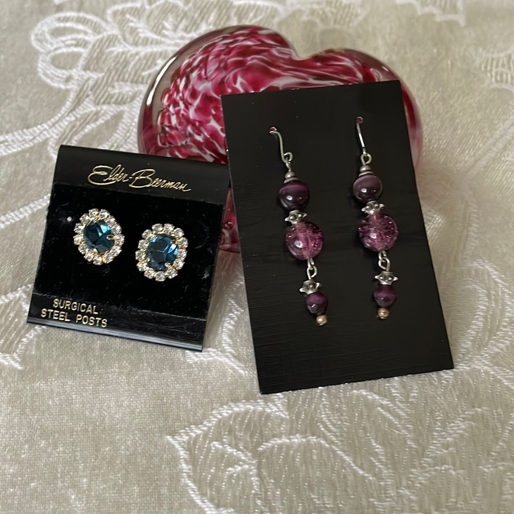 New On Cards Pierced Earrings Pair Rhinestone Blue & White & Purple Dangle